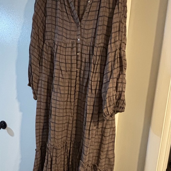 Free People Dresses & Skirts - Free People Flowy Brown Plaid Button-Front Tiered Maxi Dress